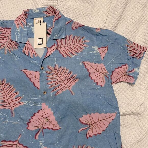 Insight Blue and Pink Leaf Print Men's Shirt - Picture 4 of 7